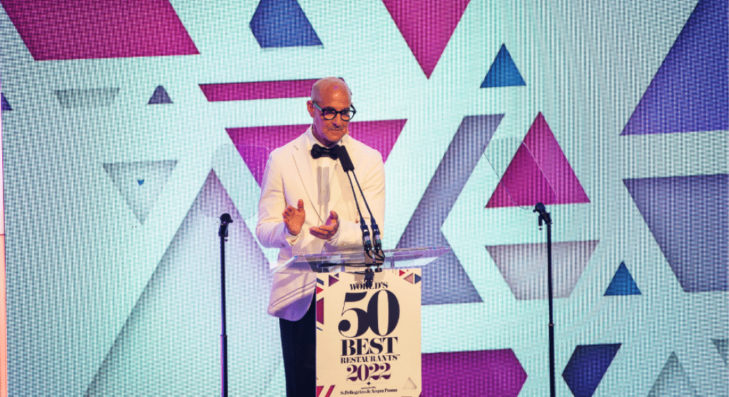 Actor Stanley Tucci as the host of the World's 50 Best Restaurants ceremony